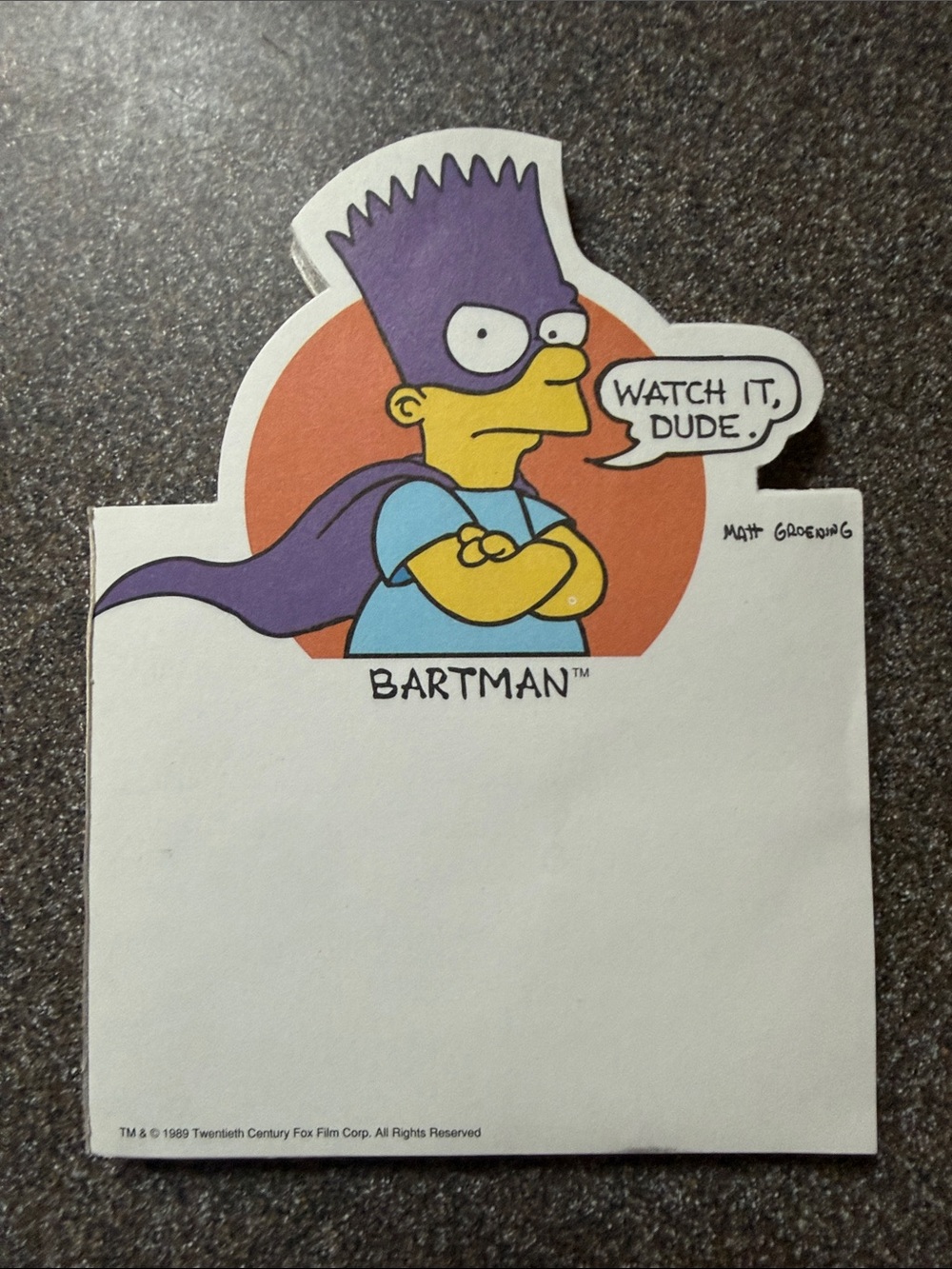 Vintage Bartman Sticky Note Pad — Purple Mask & Yellow Character